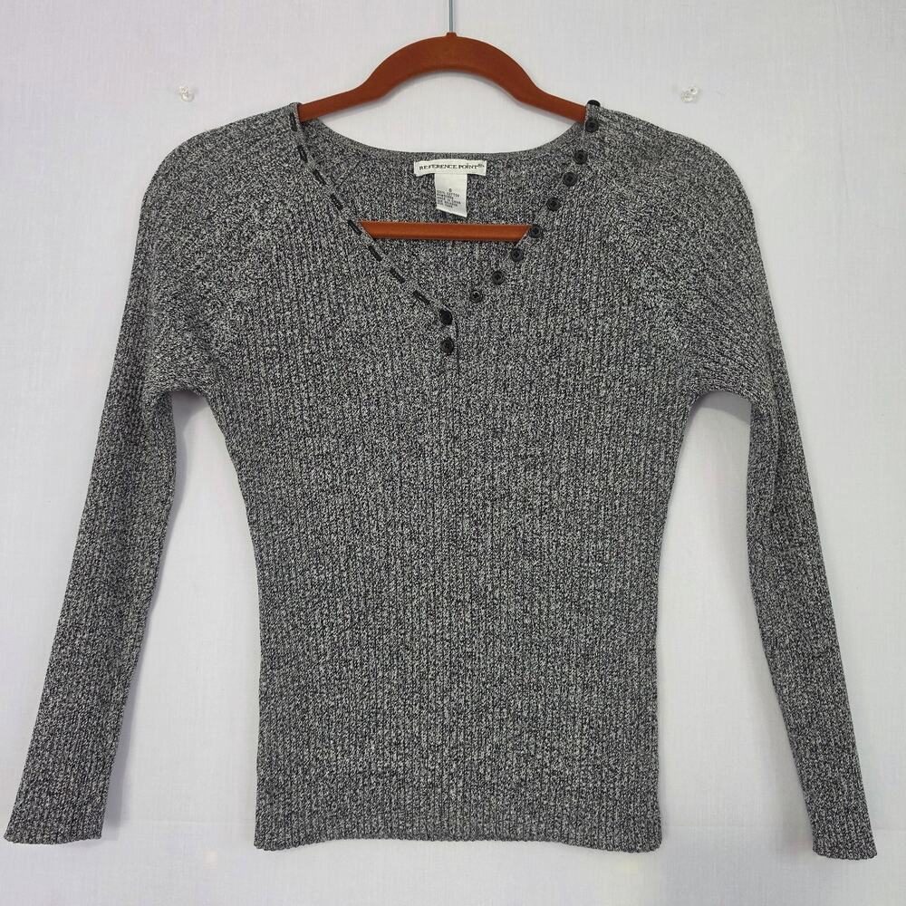 Vtg V-neck Long Sleeve Ribbed Top sz S Gray Button Neck Detail Preppy 90s Style